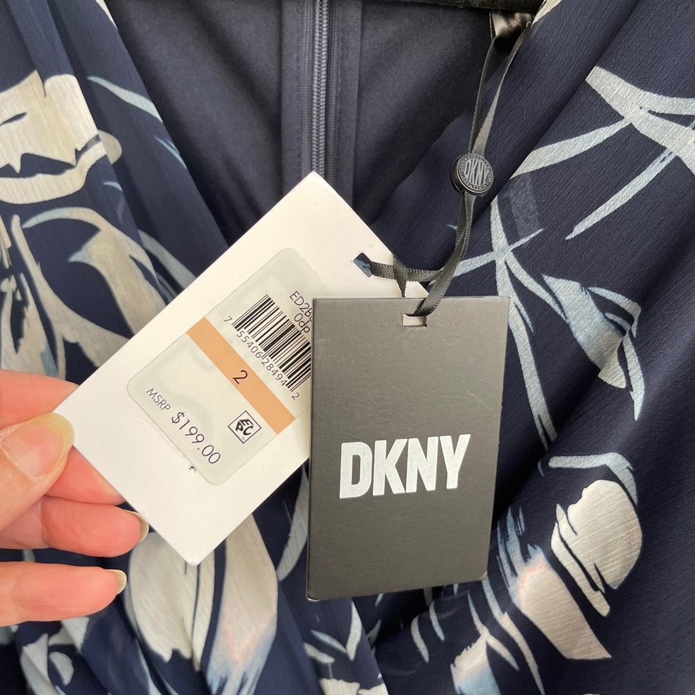 DKNY Navy Floral Wrap Maxi Dress Sheer Sleeve Tie Waist Size 2 NWT - Picture 8 of 13